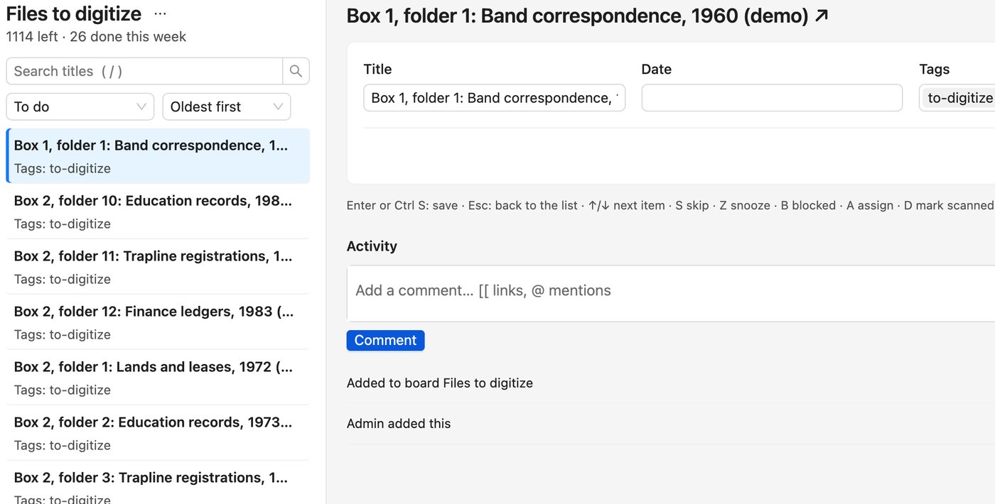 A burn-down list called Files to digitize, 1,114 left and 26 done this week, with the first box and folder open