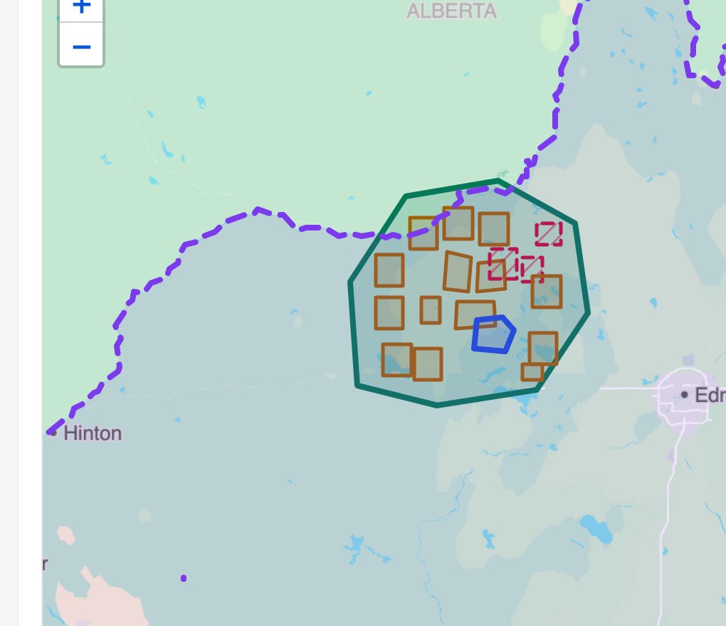A map with a traditional territory outline, 14 trapline areas, reserve lands, proposed harvest blocks and the Treaty 6 boundary