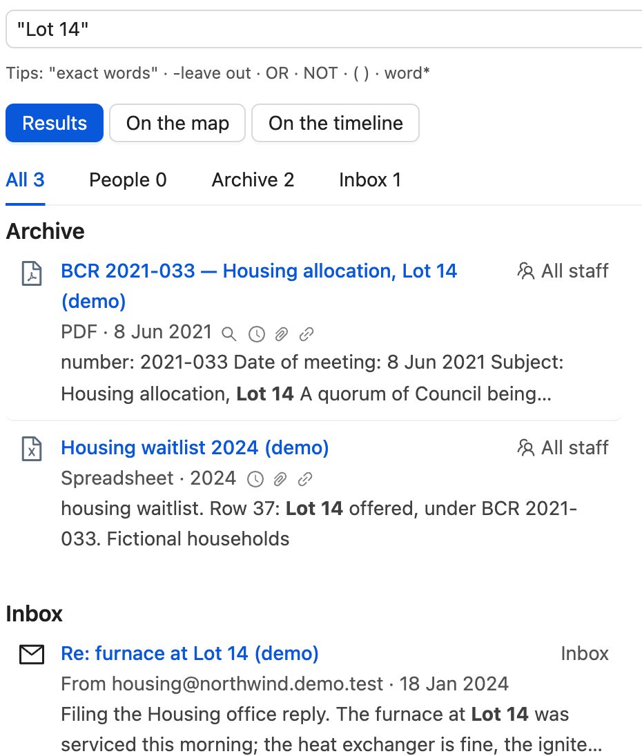 Search results for Lot 14: a housing resolution PDF, the housing waitlist spreadsheet and an email about the furnace