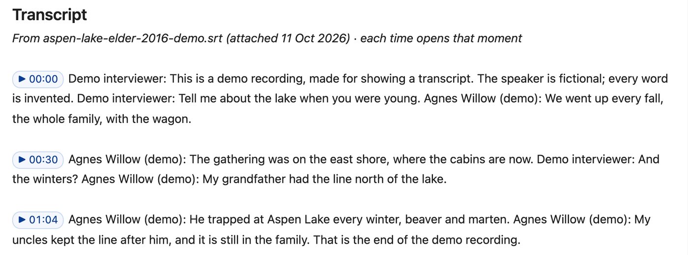 A transcript of a fictional Elder interview, each paragraph starting with a time stamp button