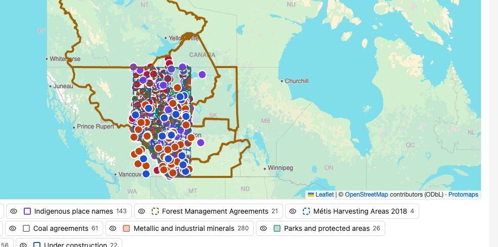 A map of Alberta crowded with points and shapes, and a row of layer buttons for wildfires, place names, forest agreements, historic treaties, coal agreements and more