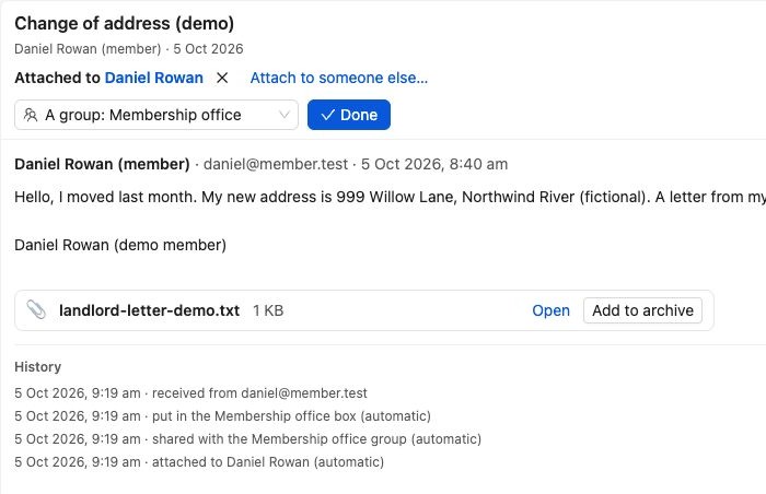 An inbox thread from a member about a change of address, attached to his record, with a history of what happened