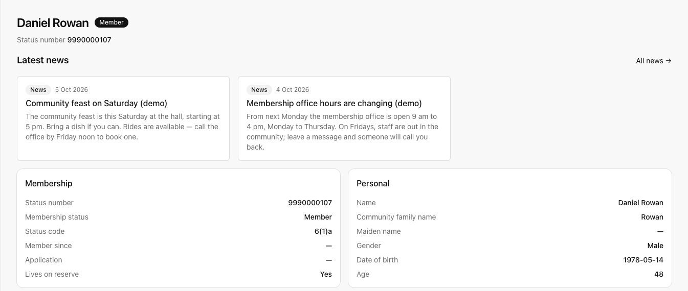A member's portal page showing membership details, news from the band office and contact information