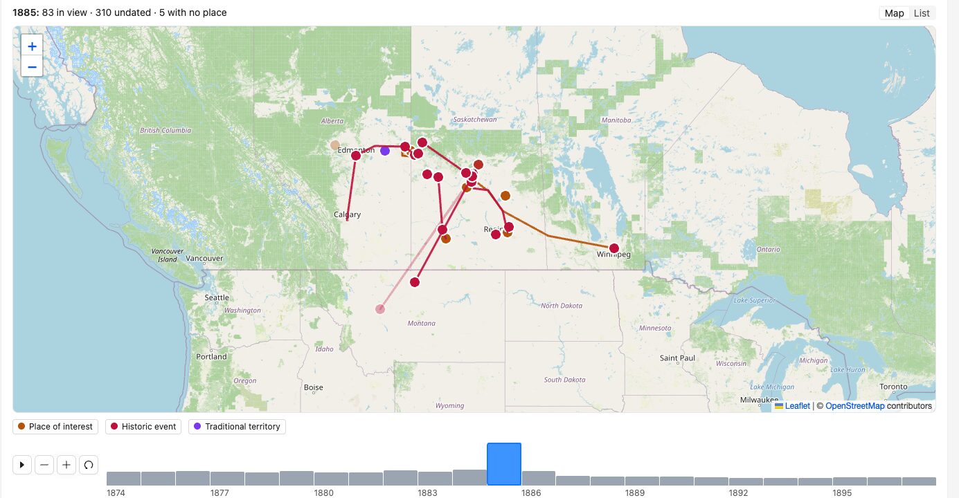 A map of the prairies with events from 1885 marked and joined by lines, and a timeline bar chart under it with 1885 picked out