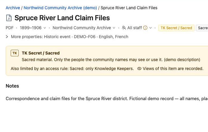 An archive item marked TK Secret / Sacred, limited to Knowledge Keepers