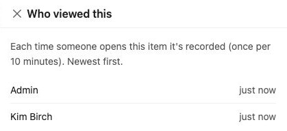 A panel called Who viewed this, listing two people who opened the item
